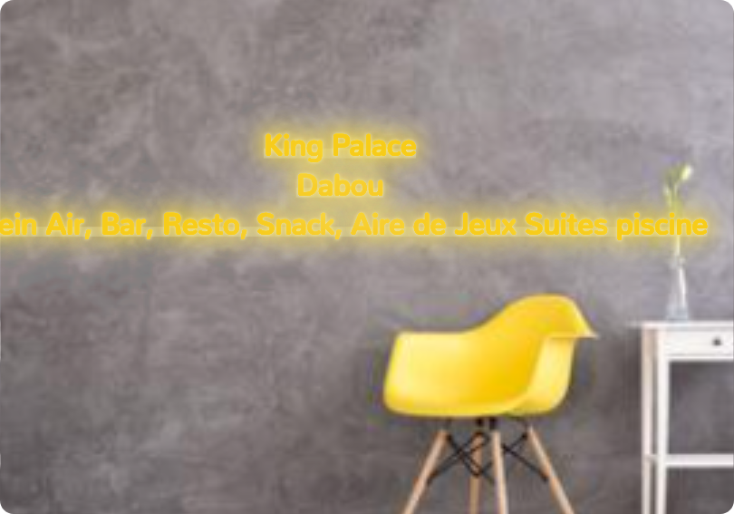 Custom text: King Palace
Dabou
Plein Air, Bar, Resto, Snack, Aire de Jeux Suites piscine